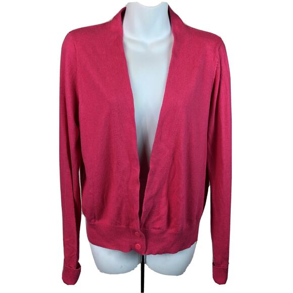 Vintage Worthington Knit Cardigan L Hot Pink Button Plunge Front LongSleeve Y2K - Picture 1 of 6